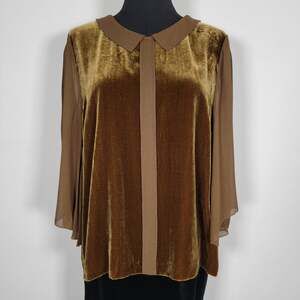 Wrap London Velvet Silk Blouse Womens Size 12 Peter Pan Collar Short Sleeve